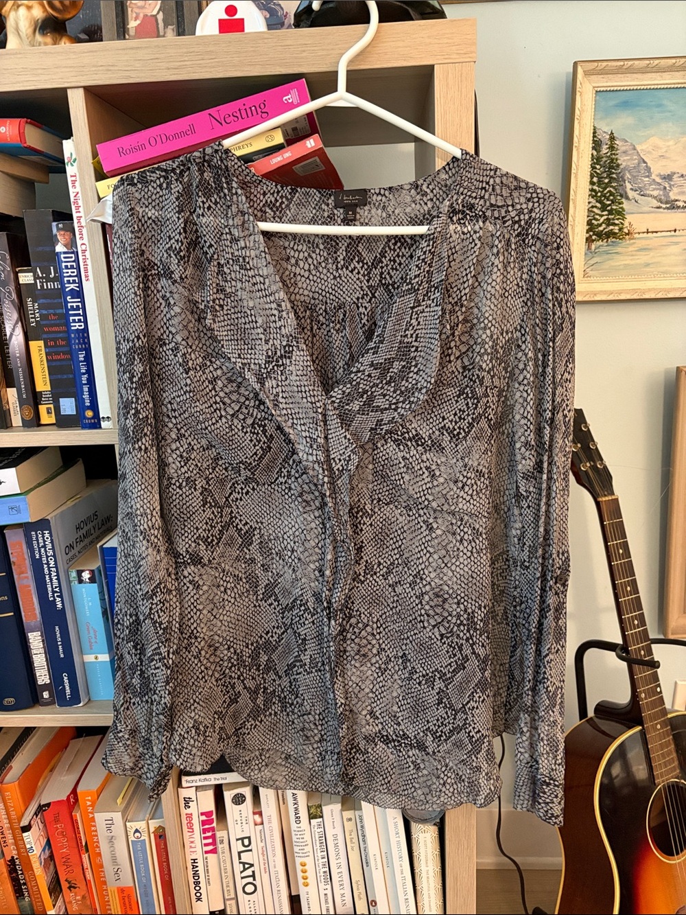 Babaton Gray Snake-Print V-Neck Blouse 100% silk
